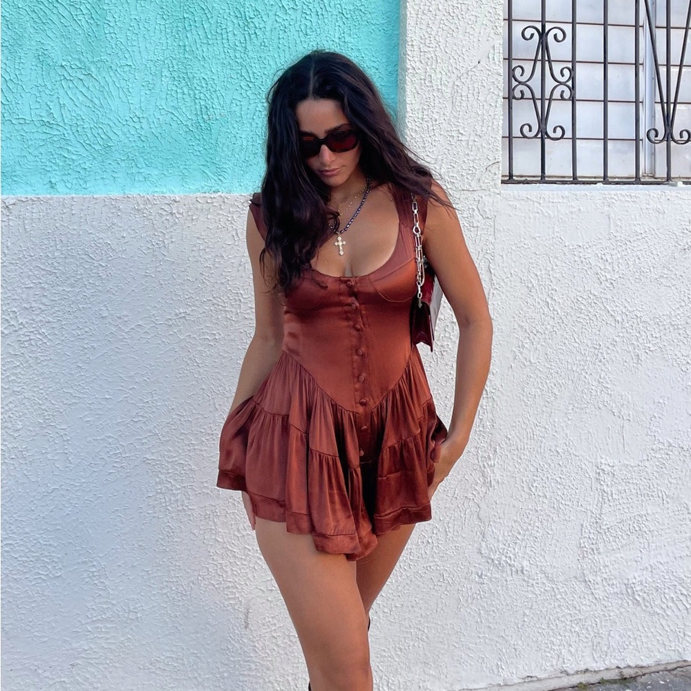 NWT Vanessa Mooney Elisabeth Romper Mini Dress in Chocolate Satin